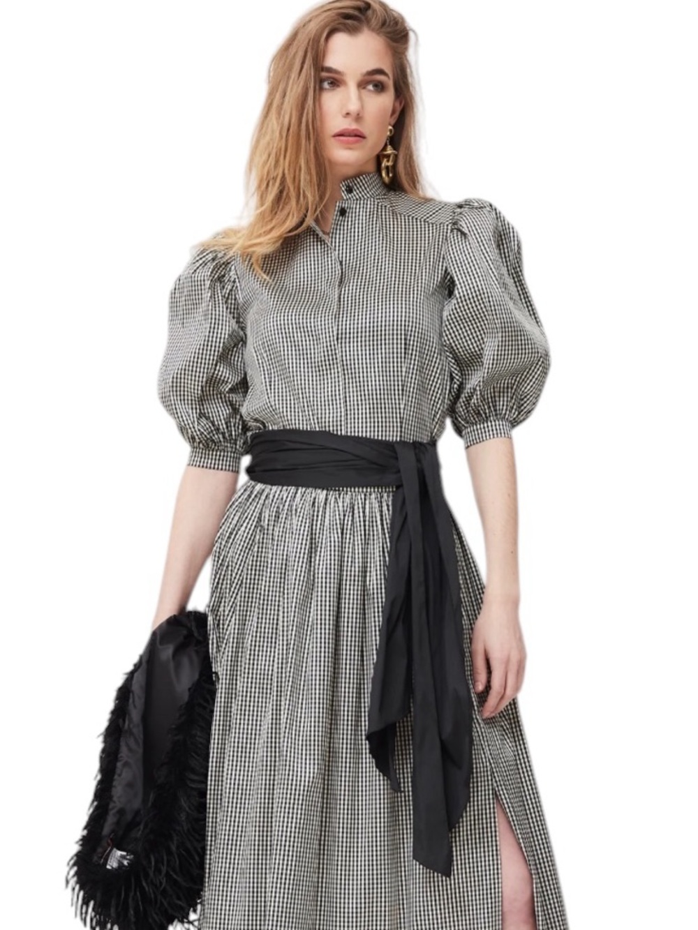 OKY Event Taffeta Gingham Button Front Puff Sleeve Blouse NWT Spain EU 38 / US 6